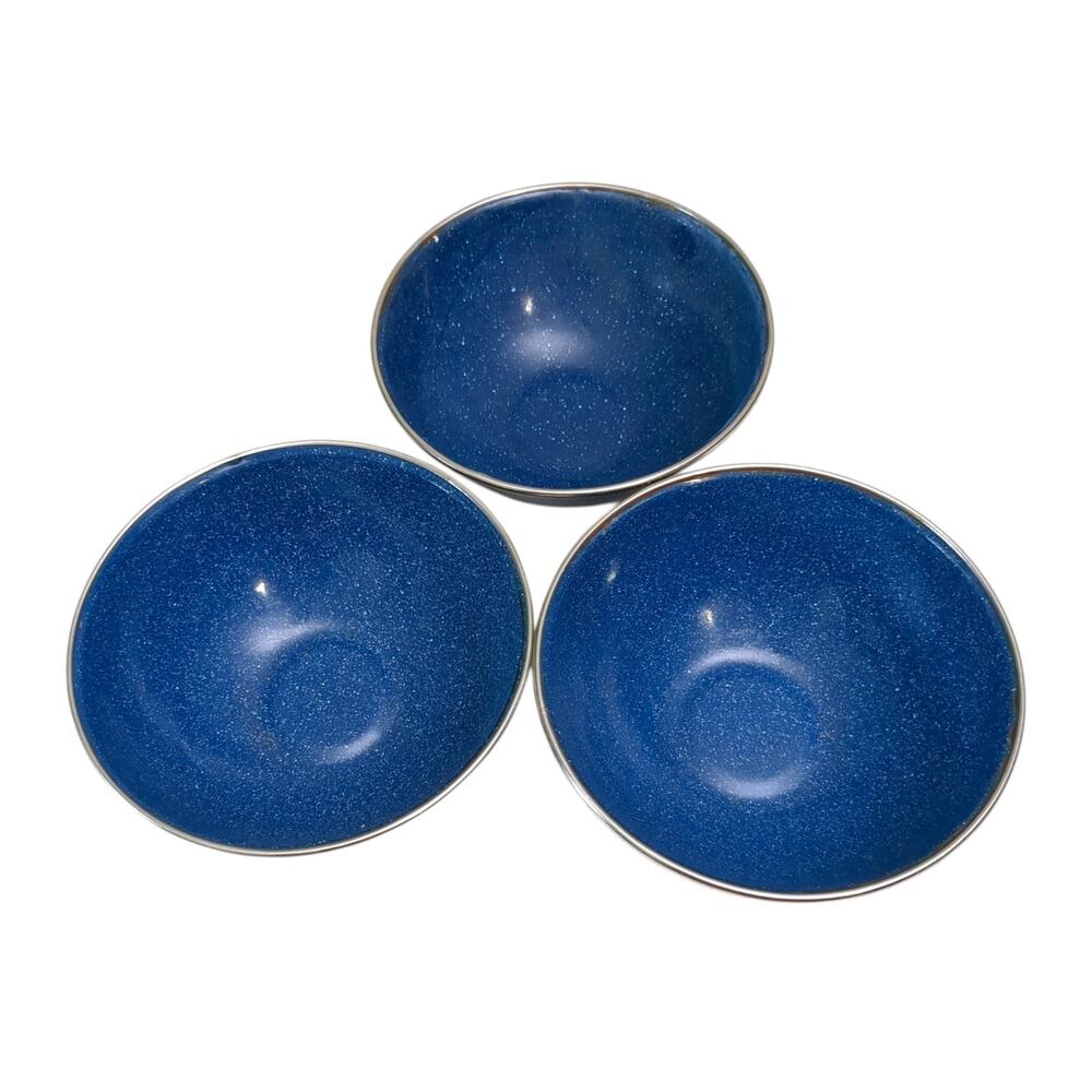 Lot of 3 Vintage Blue Speckled Enamelware 5 7/8" Inch Bowl Silver Tone Rim READ